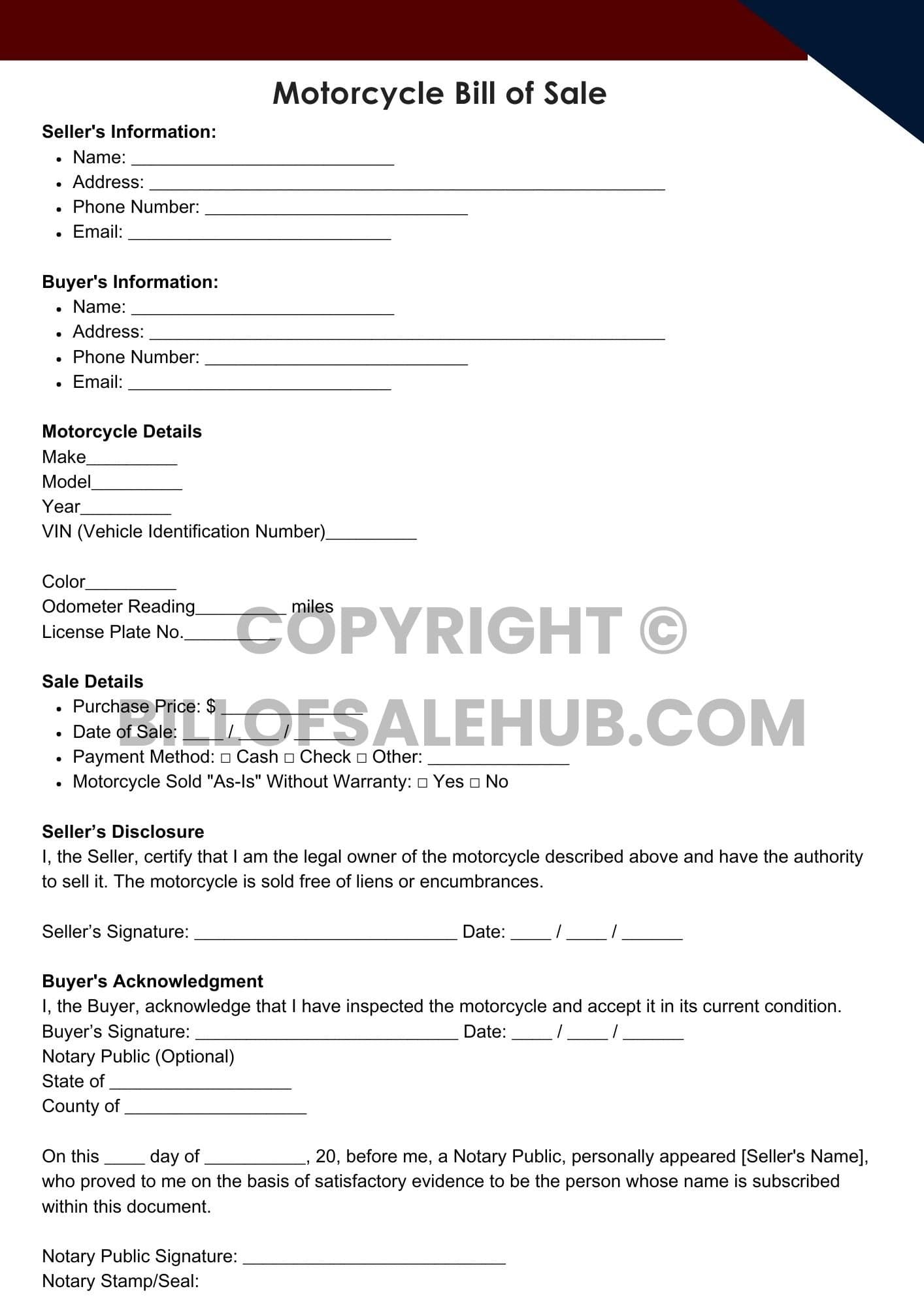 Editable Motorcycle Bill of Sale