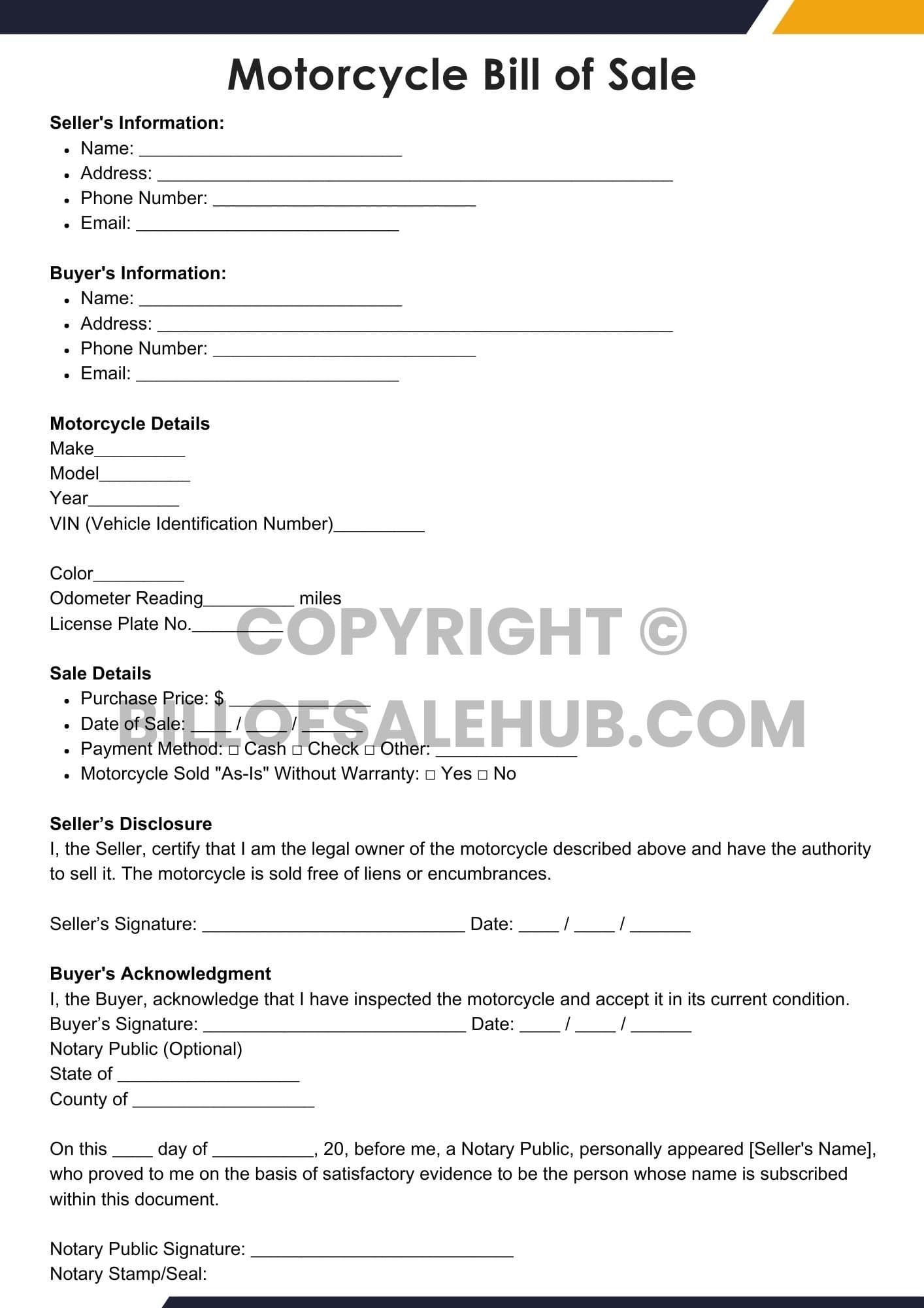 Motorcycle Bill of Sale Template