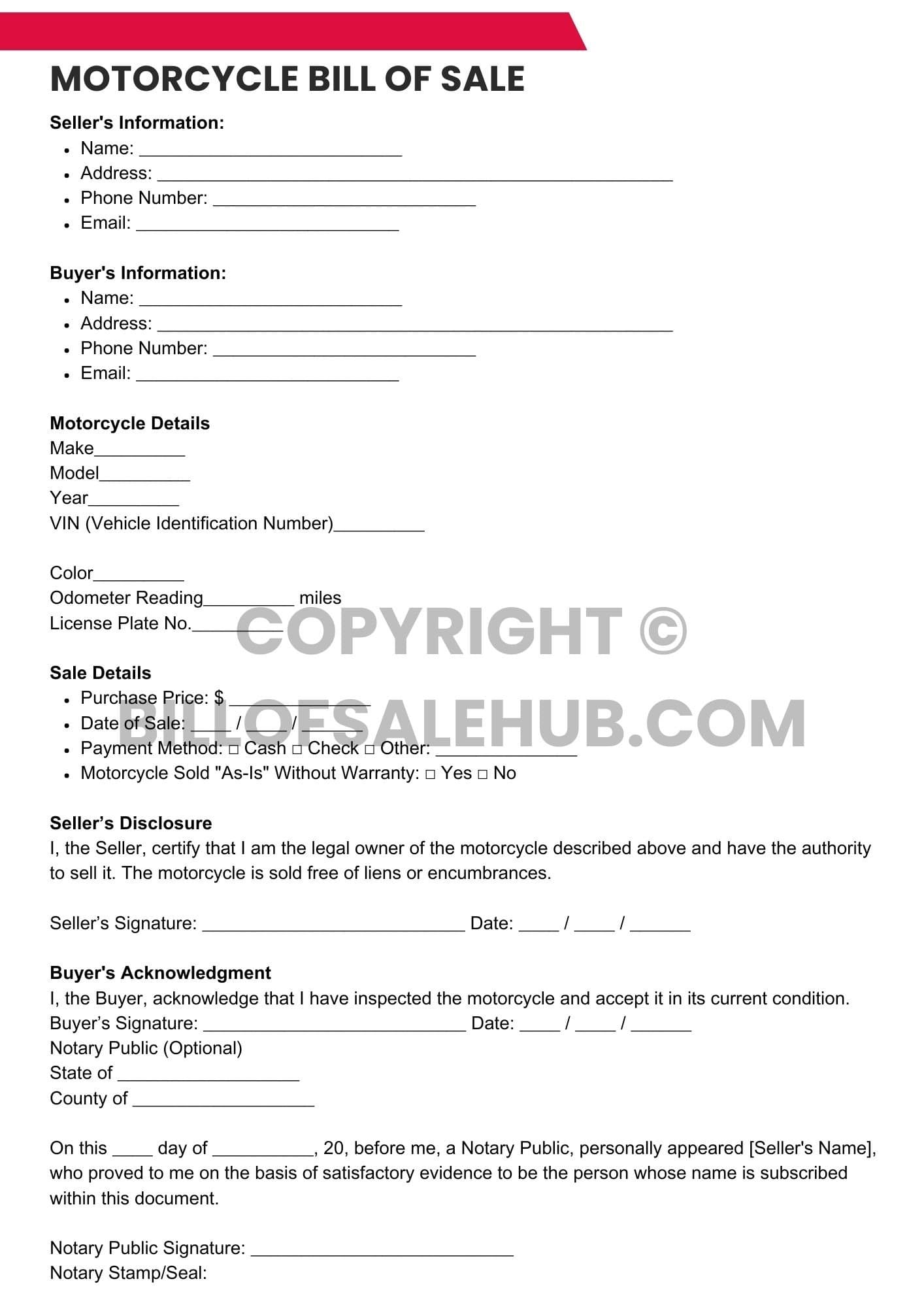 Printable Motorcycle Bill of Sale