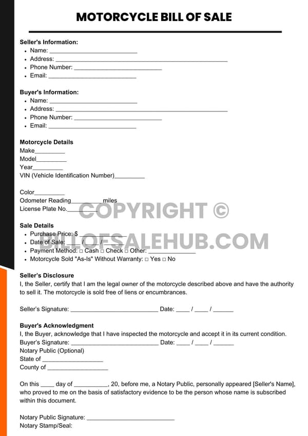 Sample Motorcycle Bill of Sale