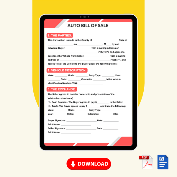 Auto Bill of Sale Form Template [Printable Word Editable] - Image 2
