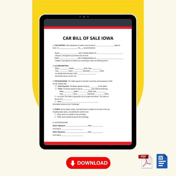 Car Bill of Sale Iowa [IA] Form Template [Printable Word Editable] - Image 2