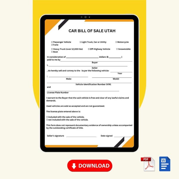 Car Bill of Sale Utah Form Template [Printable Word Editable] - Image 2