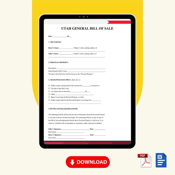 Utah General Bill of Sale Form Template [Printable Word Editable] - Image 2