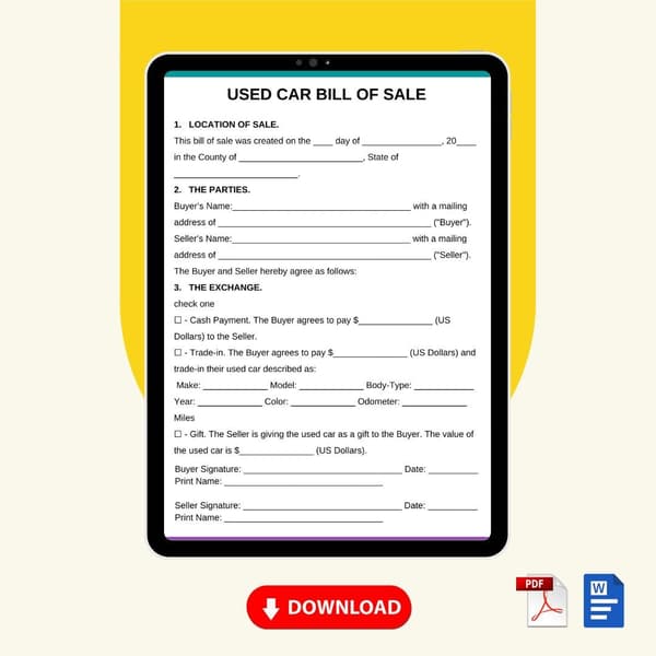 Used Car Bill of Sale Form Template [Word Editable] - Image 2
