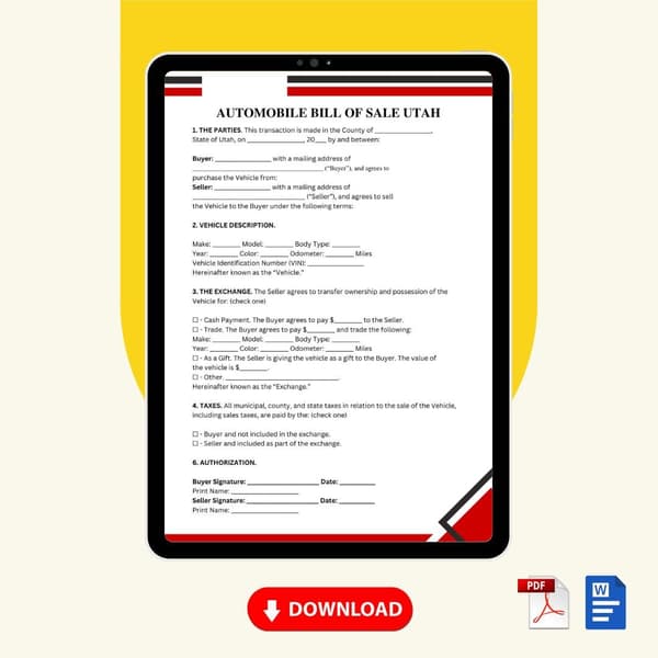 Automobile Bill of Sale Utah Form Template [Word Editable] - Image 2