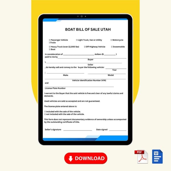 Boat Bill of Sale Utah Form Template [Printable Word Editable] - Image 2
