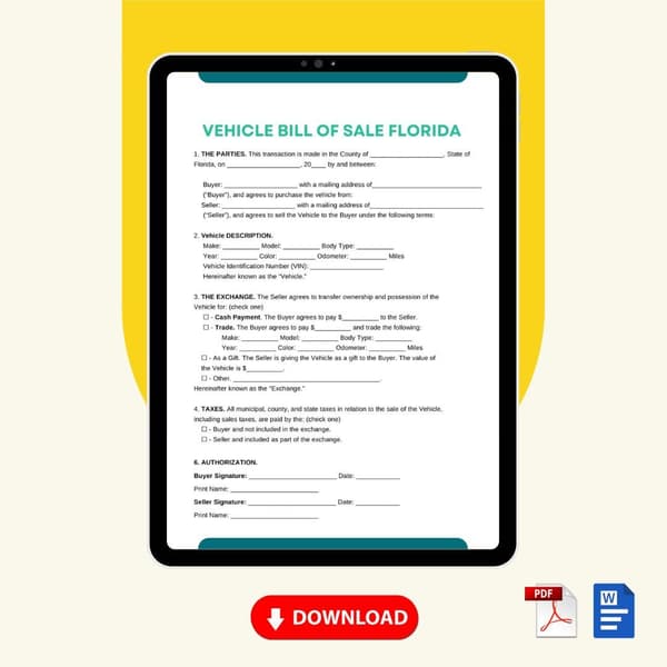 Vehicle Bill of Sale Florida Form Template [Printable Word Editable] - Image 2