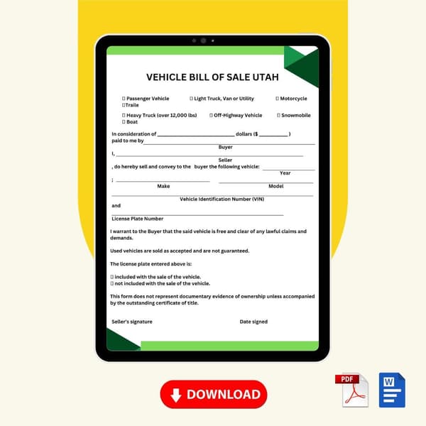 Vehicle Bill of Sale Utah Form Template [Printable Word Editable] - Image 2